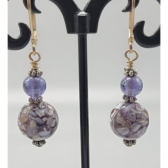 Handmade Purple Glass Bead Dangle Earrings Silver Tone Hooks Mosaic Boho Jewelry - Picture 1 of 10
